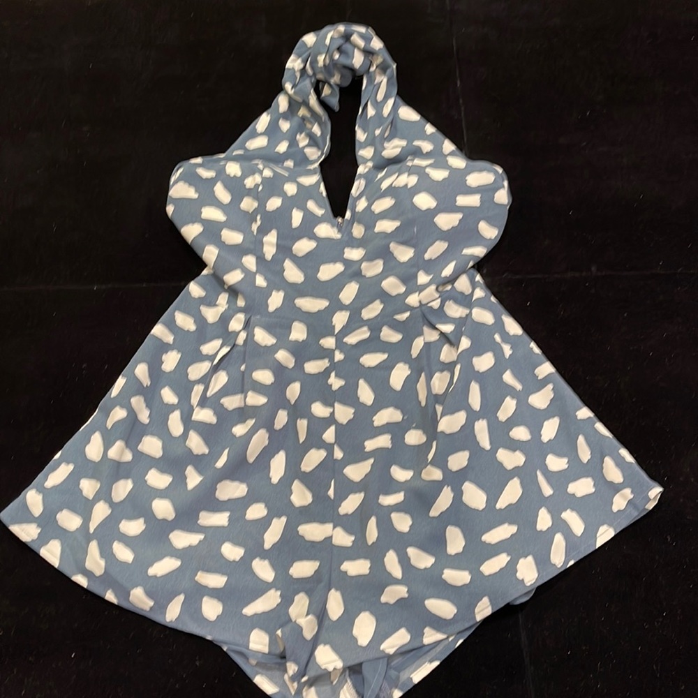 Blue and white dressy romper with tie halter, size M